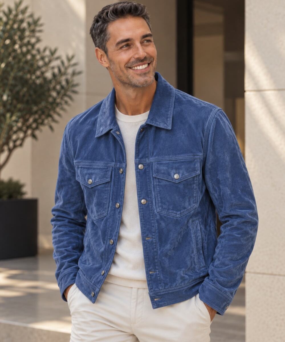 TODD SNYDER Dylan Italian Suede Leather Snap Trucker Jacket Blue XL $1248